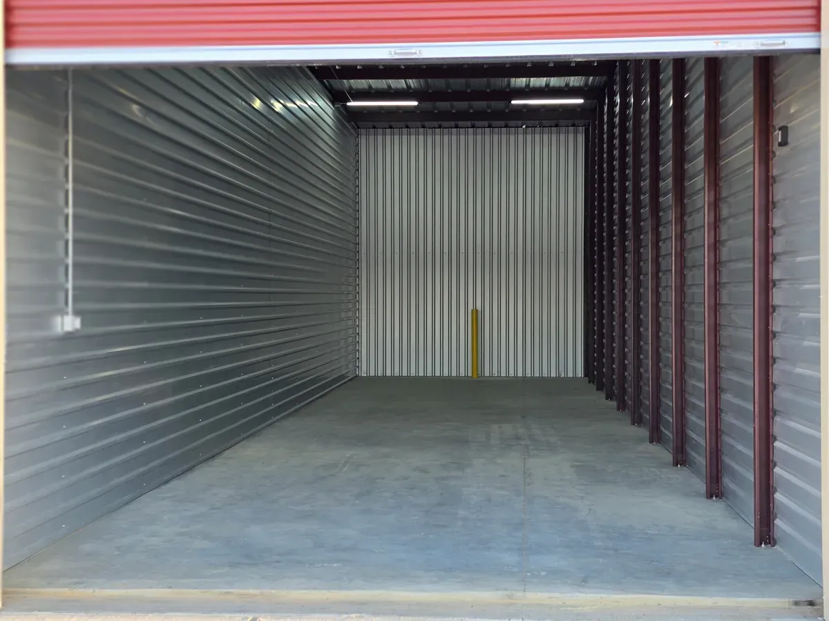 Storage unit exterior with open rollup door